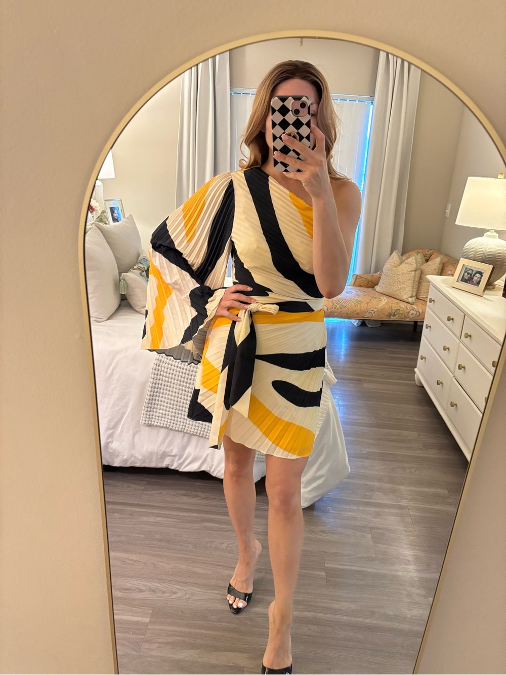 Milly One-Shoulder Pleated Wrap Dress in Yellow, Black & Cream